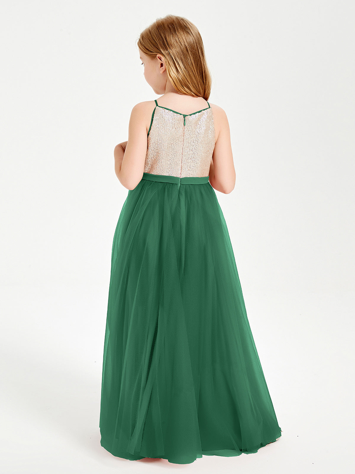Sequined Top Long Tulle Junior Bridesmaid Gown Dark Green